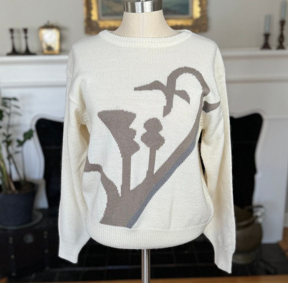 Koret Vintage 80s Abstract Tan Gray Wool Blend Sweater Women L